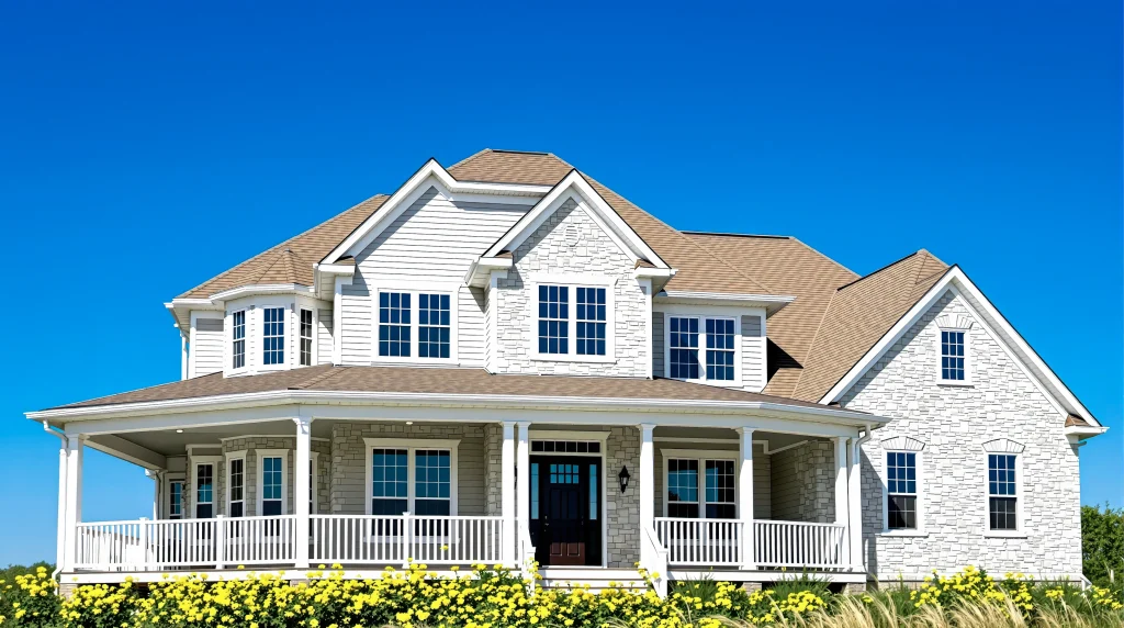 a spacious family residence featuring a wrap around porch and stone cladding this suburban dwelling often called a manor or a homestead stands under a clear sky photo 1